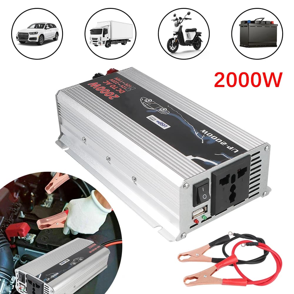Camion Inverter 2000W DC 12V A AC 110V 220V Convertitore di batterie di accumulo domestico 1 + 1 Presa di corrente CA Caricatore USB RV Car Inverter