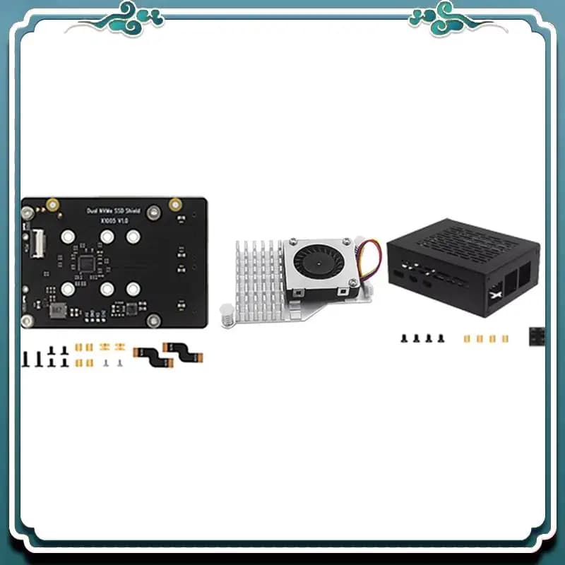 ABSK-X1005 Doppio schermo SSD NVME con dispositivo di raffreddamento + custodia da Pcle a M.2 Dual SSD per Raspberry Pi 5 Supporta l'acceleratore AI Hailo-8