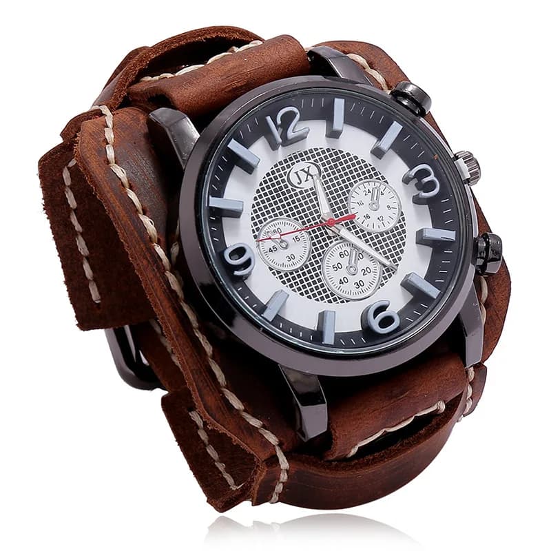 New Retro men's watches in real leather strap wide wrist watch fashion style punk quartz watch for man 2025 cow leather bracelets
