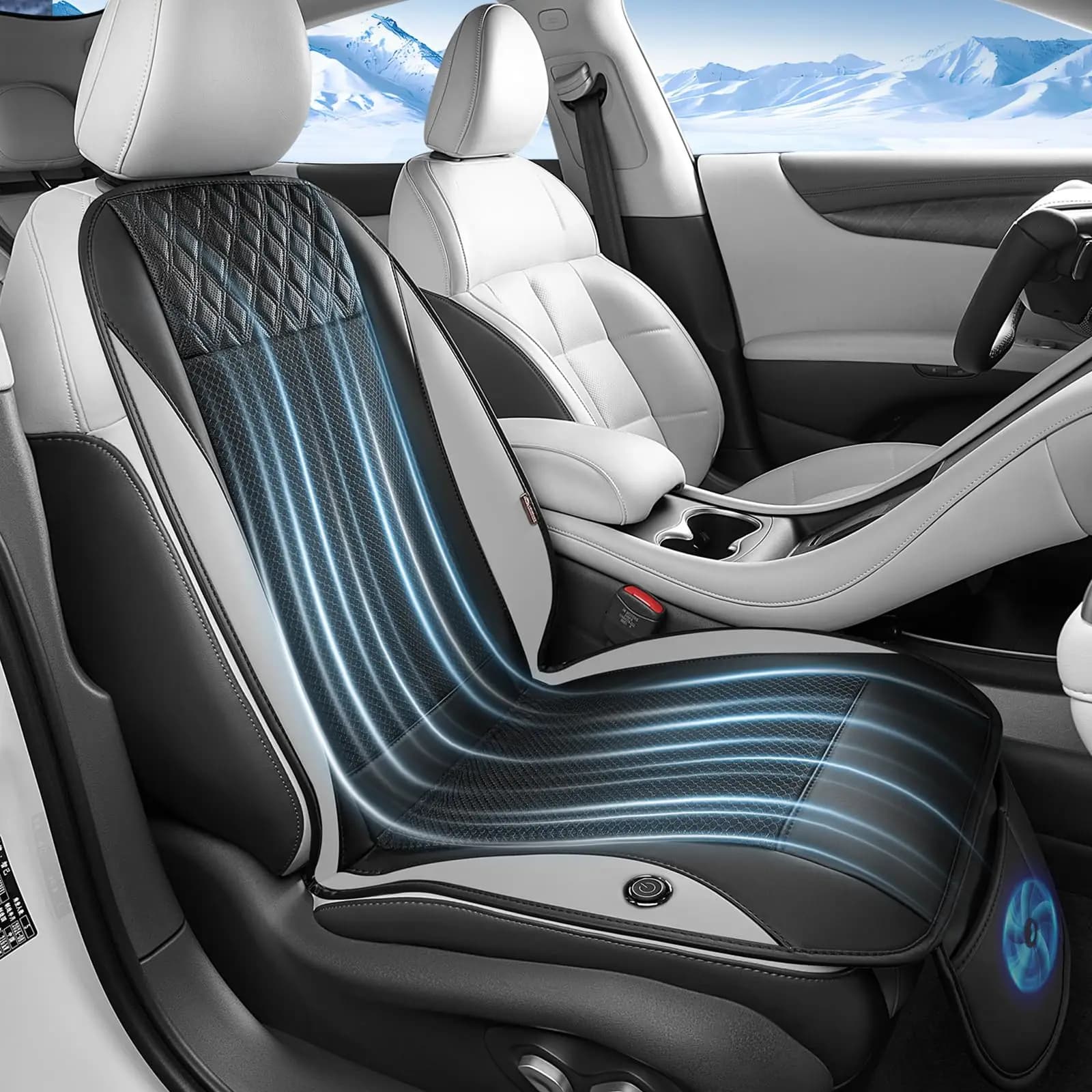 Cooling Car Seat Cover With 3-Speed Adjustable Airflow Breathable Mesh Leather Universal For SUV Truck Van Gray