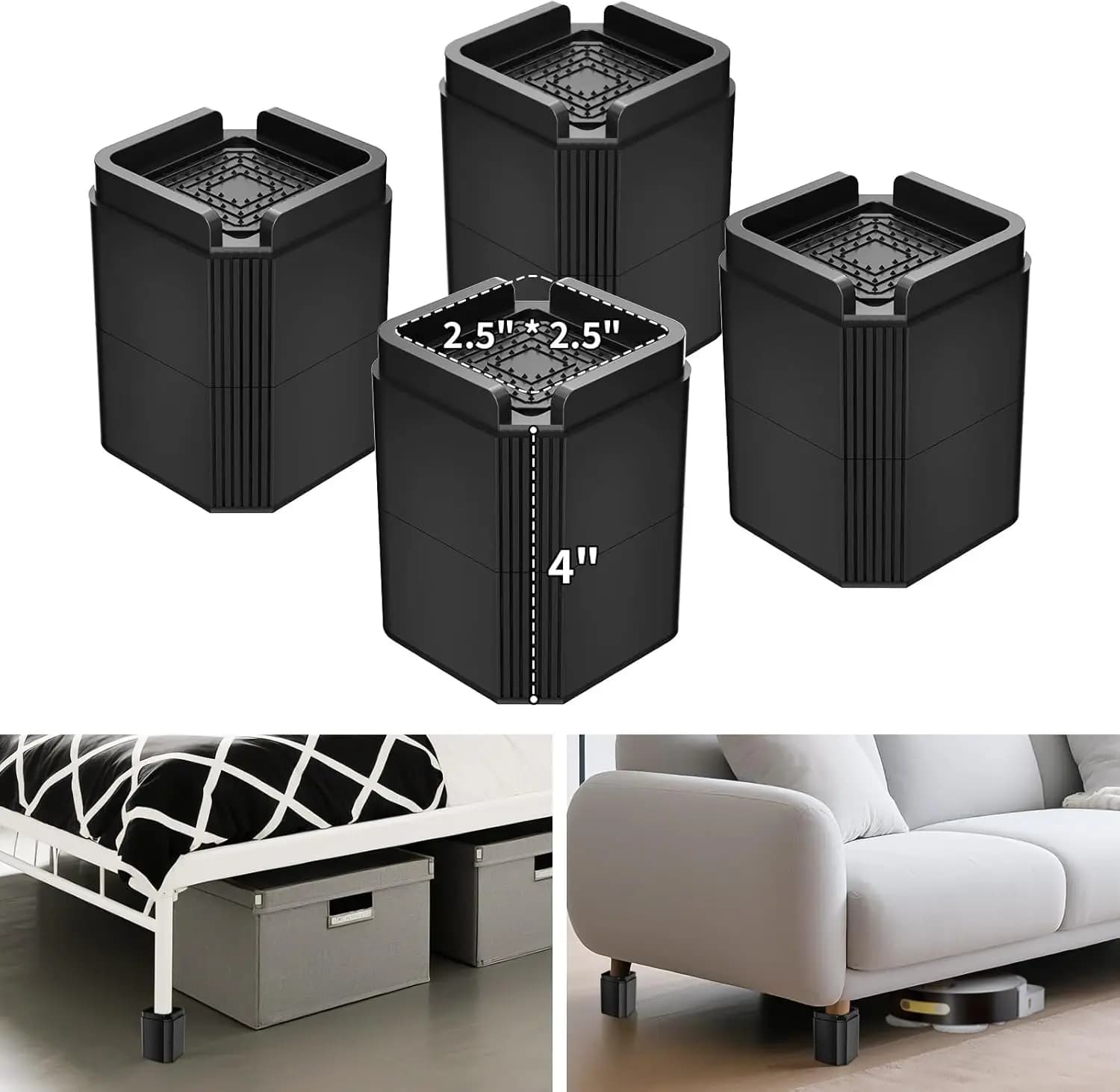 Adjustable Furniture Risers Lift 2/4/5.9 Inches Heavy Duty Desk Leg Risers for Couch Table Sofa Bed Frame Support up to 2000 lbs