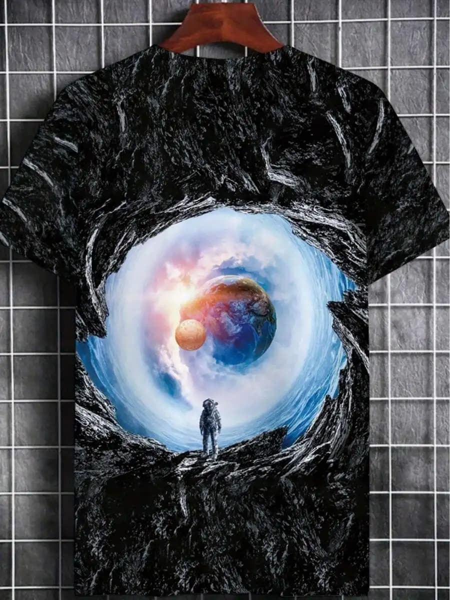 T-shirt da uomo con grafica spaziale di astronauti, design con terra e pianeti, maglietta estiva casual a maniche corte