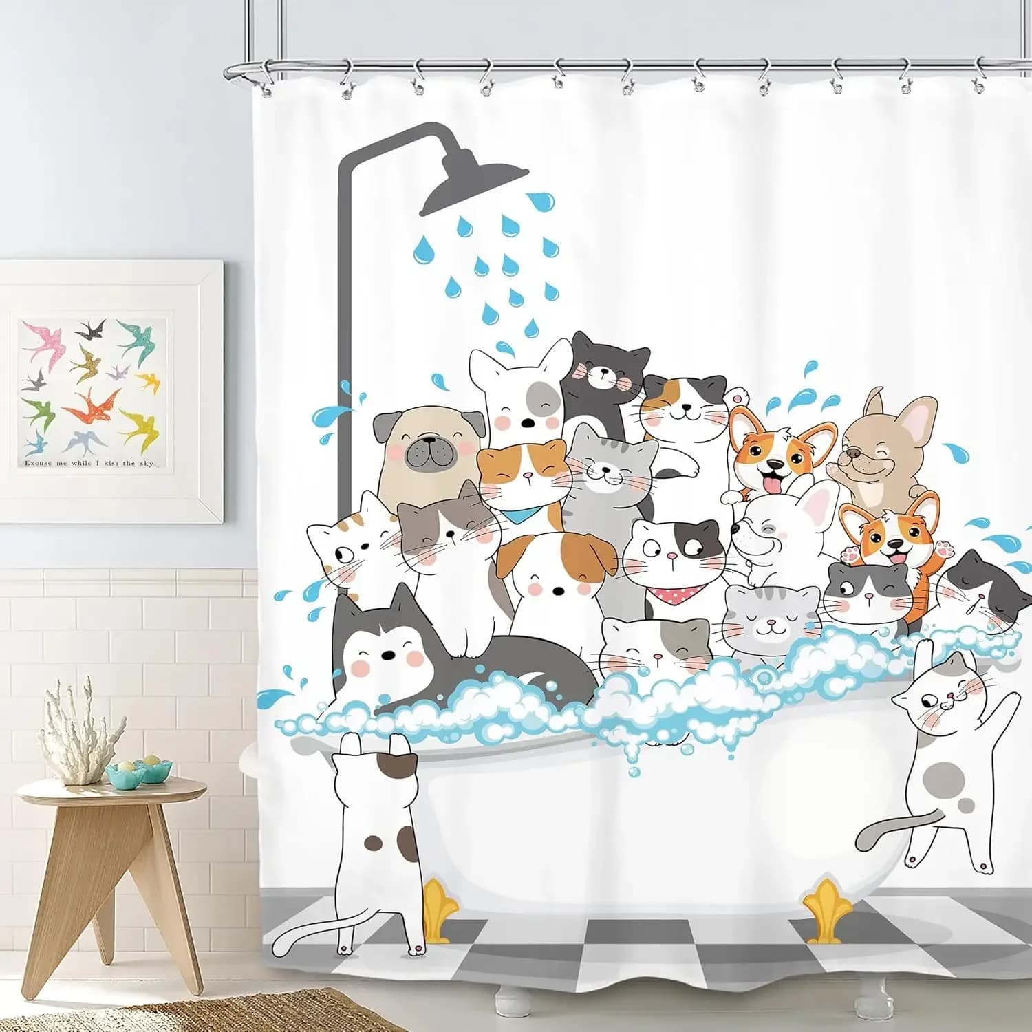 Divertente gatto e cane tenda da doccia per bambini cartone animato simpatici animali da compagnia vasca da bagno tende da doccia a pioggia arredamento da bagno in poliestere con ganci
