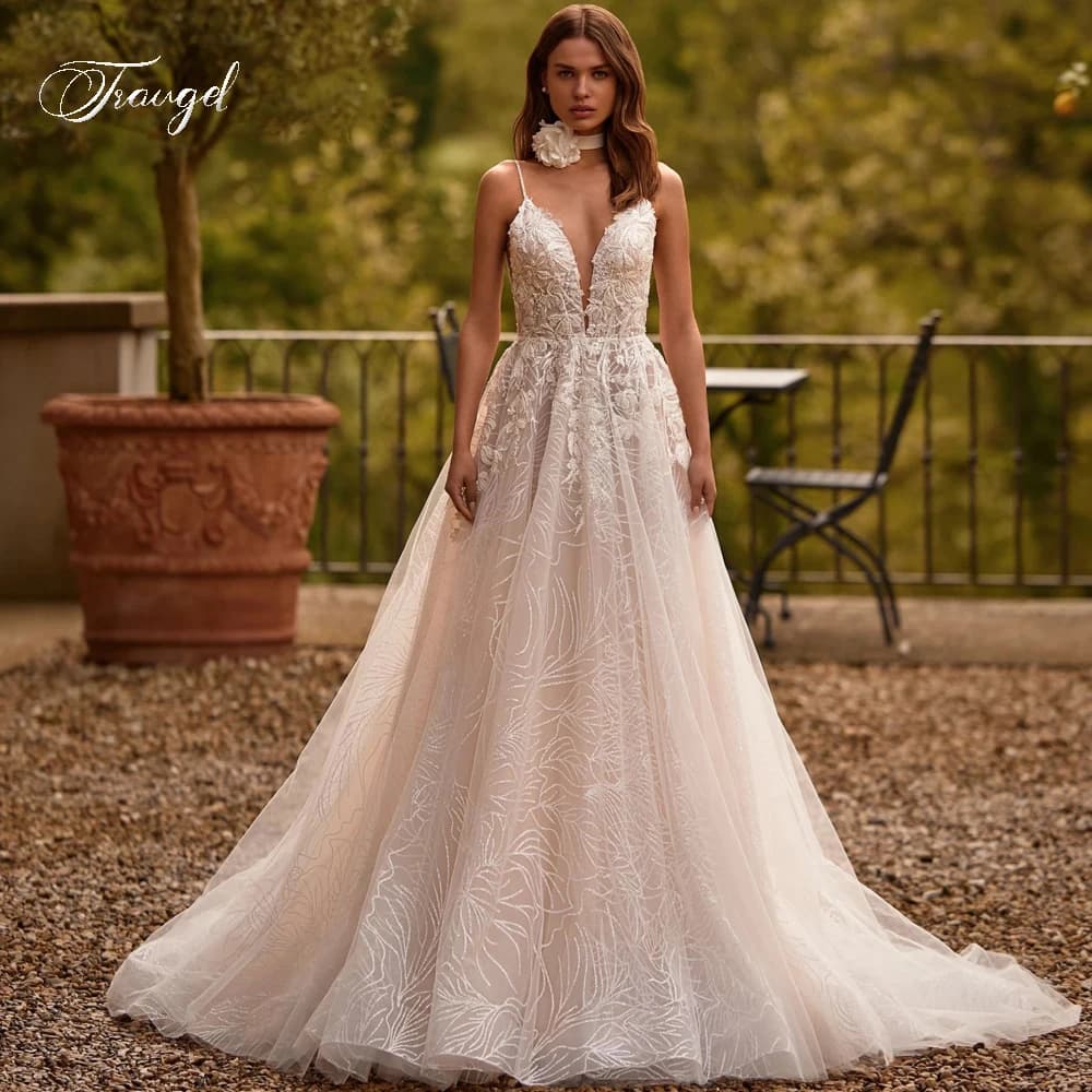 Abito da sposa vintage Traugel sexy con scollo a V e schiena scoperta, in pizzo, lussuoso, con spalline sottili, perline e strascico a coda di cigno, linea ad A