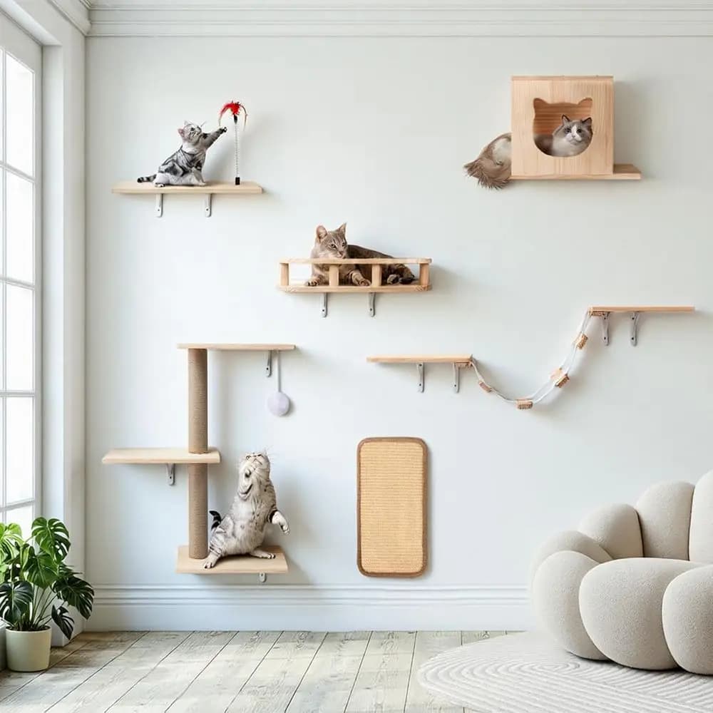Set di Mobili per Gatti da Parete in Legno: 6 Pezzi con Casetta, Letto, Ponte, Albero, Gradini, Tiragraffi