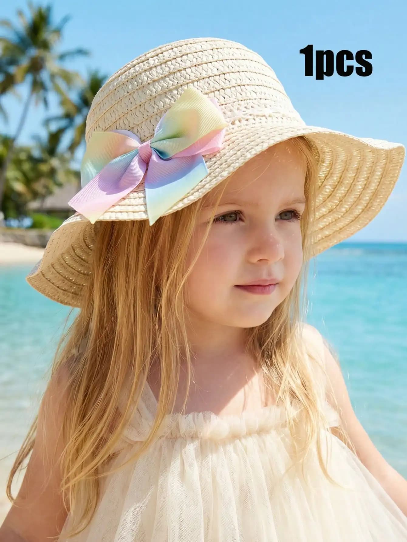 Cappello di paglia beige per ragazze da 1 a 5 anni, con fiocco colorato, leggero e traspirante, per spiaggia, sport all'aria aperta, vacanze, uso quotidiano