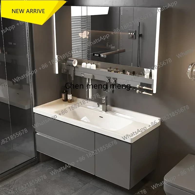 G153 Modern Ceramic Integrated Basin Bathroom Cabinet Multifunction Nordic Storage Smart Bathroom Mirror Sink Furniture
