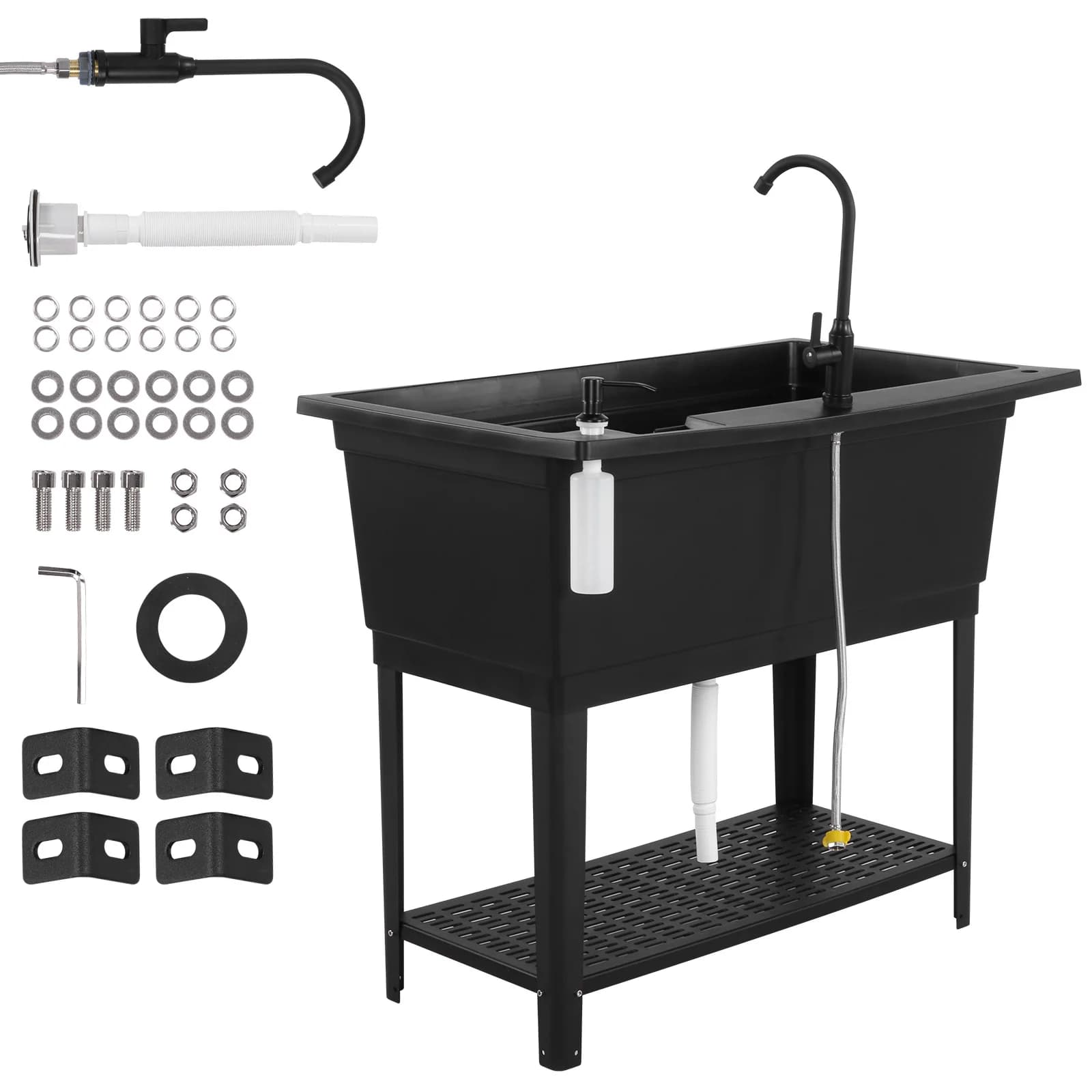 Lavabo Autoportante in Plastica con Rubinetto in Acciaio Inox e Dispenser Sapone, Lavandino per Garage, Seminterrato, Giardino
