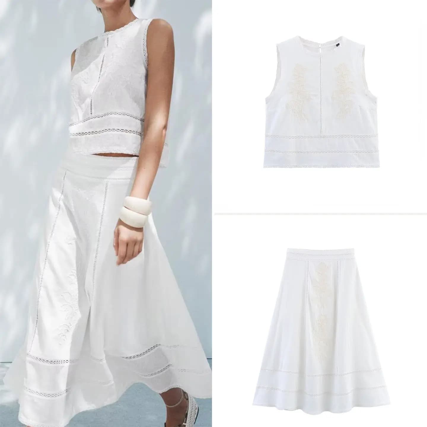 Women's Embroidered round Neck Sleeveless Top High Waist A-Line Midi Skirt Fashion Set Short Length Patchwork Summer Outfit