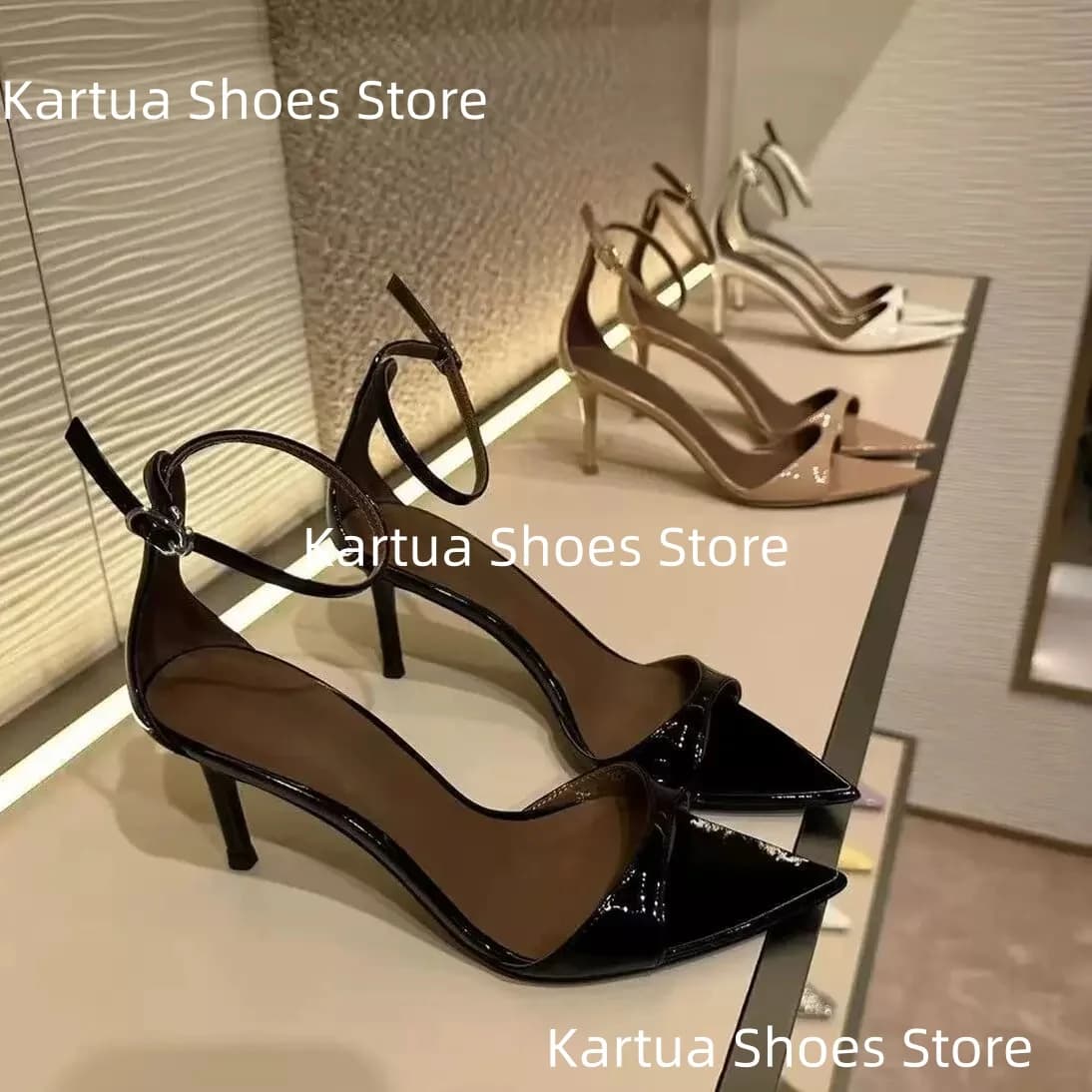 Women's Black Patent Leather Square Buckle Detail Pointed Toe Stiletto High Heel Sandals Sexy Elegant Ladies Office Daily Shoes