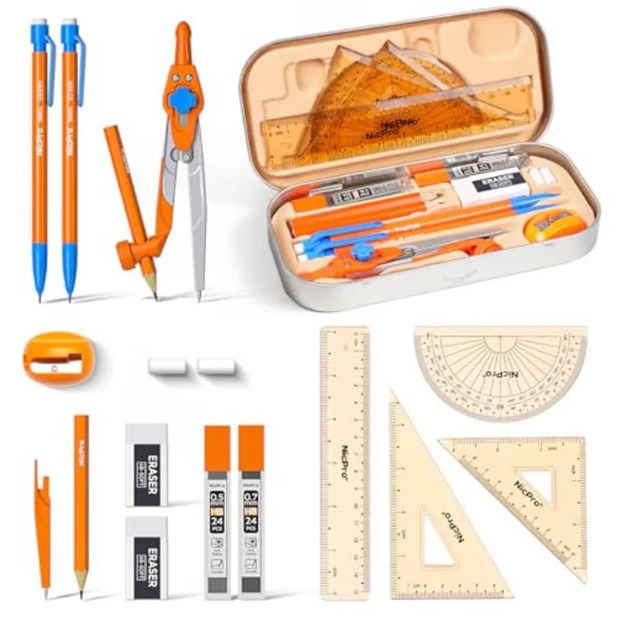7 PCS Compass Geometry Set for Students, Drafting Tools Math Protractor Compass with Rulers, Mechanical Pencil, Square Set, Box
