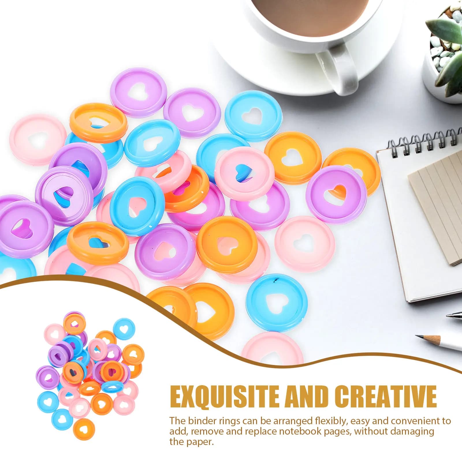 40 Pezzi Dischi Raccoglitori a Cuore in Plastica per Quaderni a Fogli Mobili, Anelli Flessibili Lisci, Colori Brillanti, Forniture Fai-da-te per Planner e Rilegatura