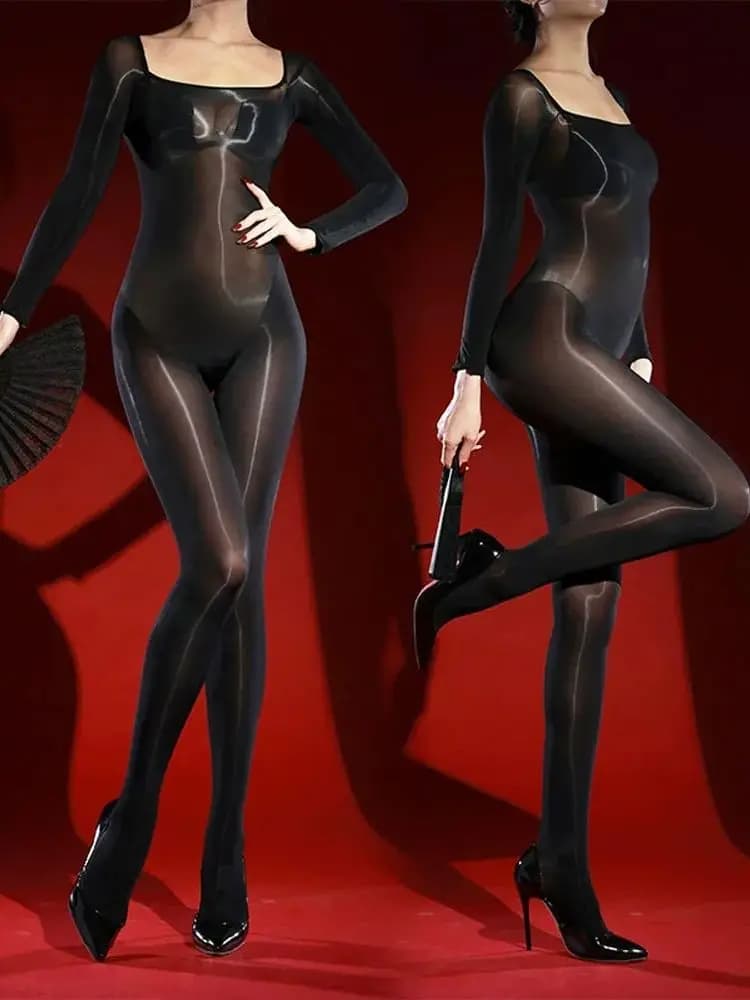 Unisex lucido nylon catsuit barca collo bodystocking chiuso con apertura sul cavallo tuta collant body sexy tuta congiunta corpo