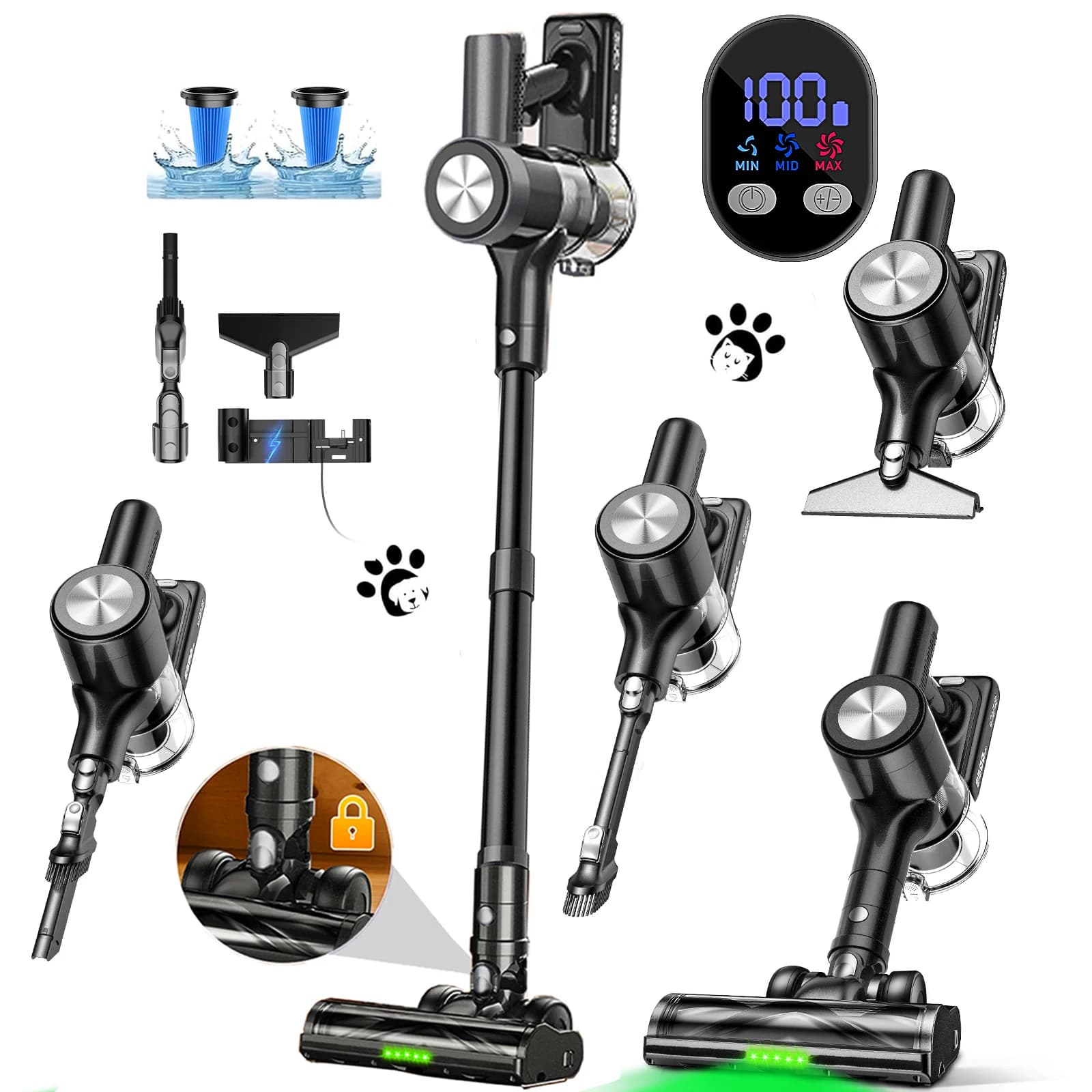Aspirapolvere Senza Fili STLFCordless 46KPa/500W, 55 Minuti di Autonomia, Autoportante, Display LED, Spazzola Anti-Groviglio, Ricaricabile per Casa