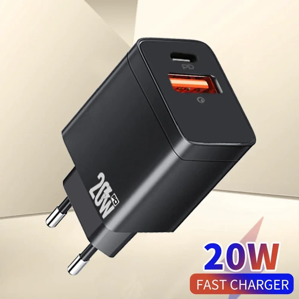 Caricabatterie Rapido GaN 20W con Cavo da 1m, Doppia Porta PD QC3.0 USB Tipo C, Adattatore da Muro EU/US per iPhone 15 Samsung Xiaomi