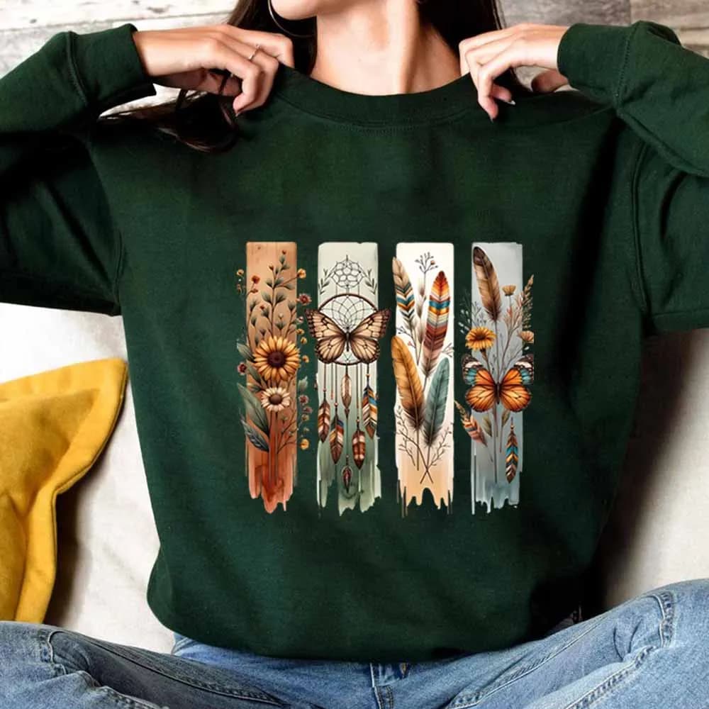 Boho Butterfly Flowers Sweatshirt Wildflowers Dreamcatcher Hoodie Boho Feathers Floral Shirt Western Trendy Crewneck Sweatshirts