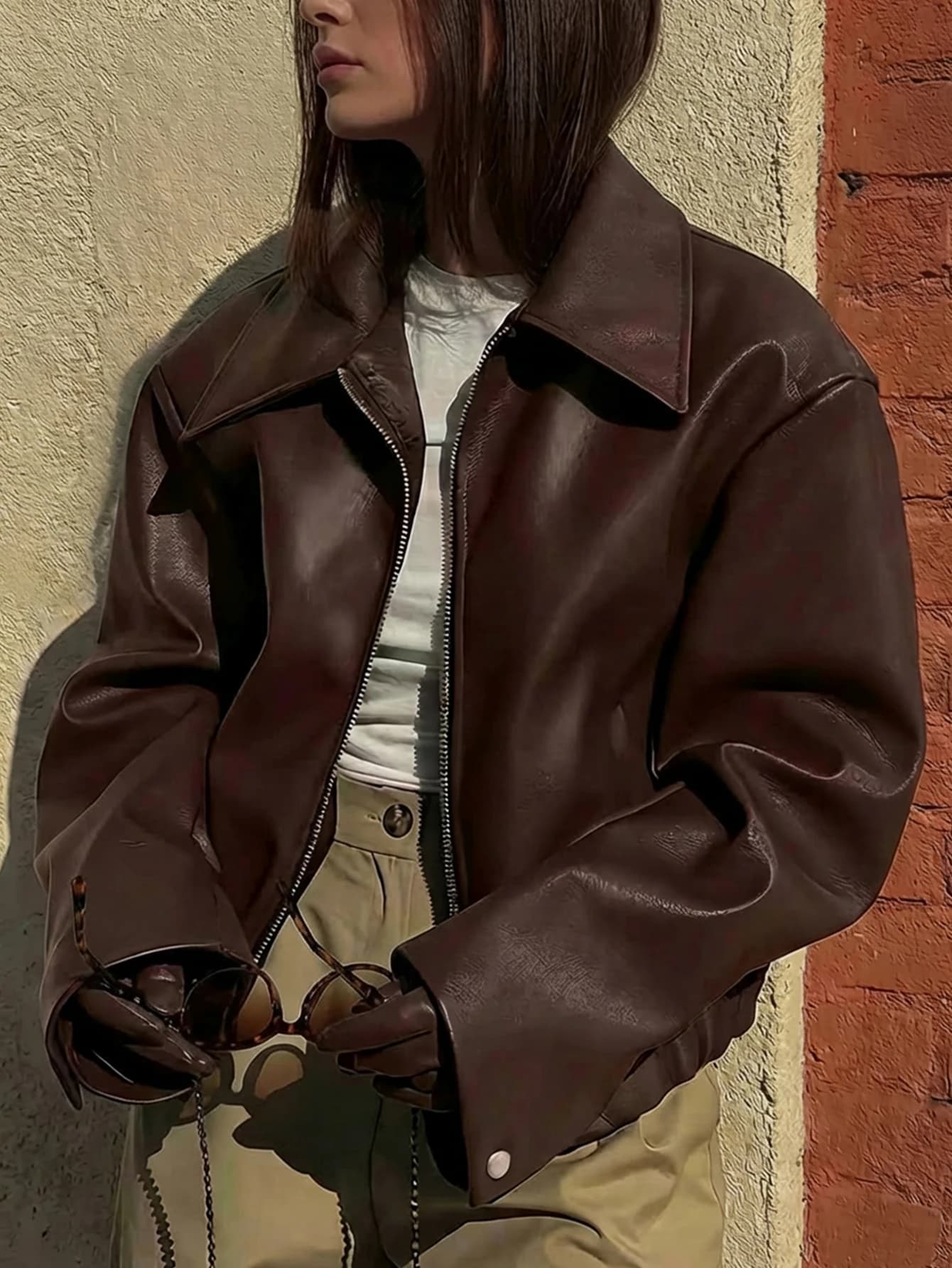 Chocolate Brown Faux Leather Zip-Up Jacket Women's Lapel Loose Short Bomber Coat