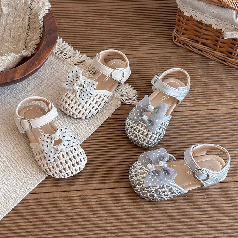 Spring Summer Toddler Girls Woven Closed Toe Sandals Bowknot Pearl Buckle Non-Slip Soft Sole Daily School Outdoor Casual Wear