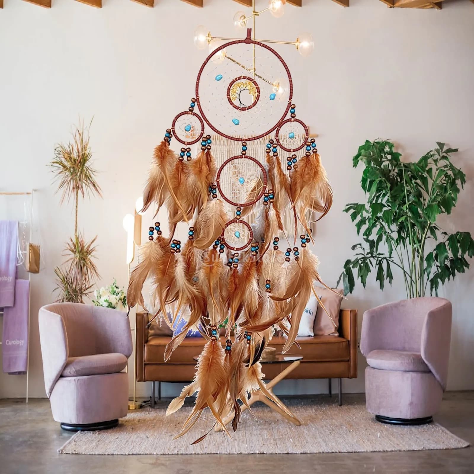 Dreamcatcher with Feather Circular Net Decorative Wall Hanging Decor Art Craft 31.5" Long for Baby Shower Party Kids Room Dorm