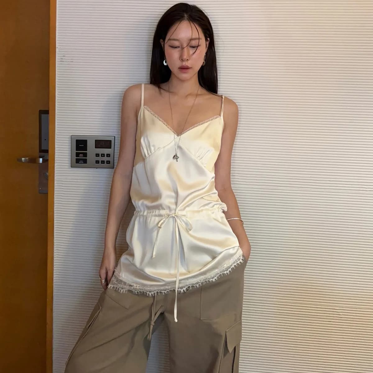 Korean Style Summer New Elegant Satin Lace Splicing Collar Belted Waist Halter Dress Women's Fashionable Casual Streetwear