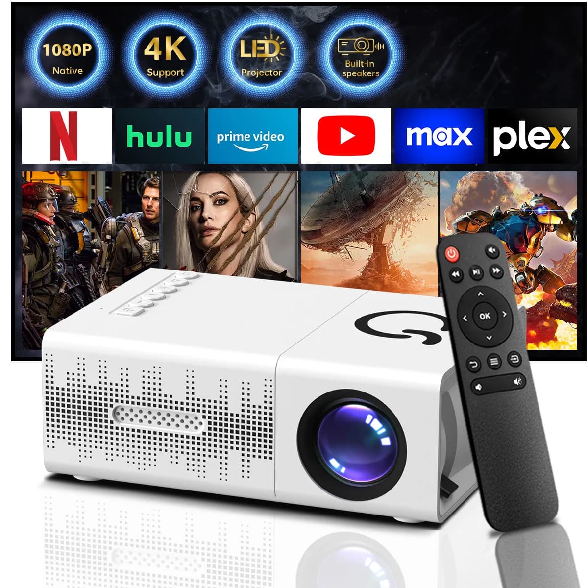 Mini Proiettore Portatile 3D LED, Videoproiettore per Home Cinema e Giochi, Beamer Laser Smart TV BOX 1080P Via Porta HD