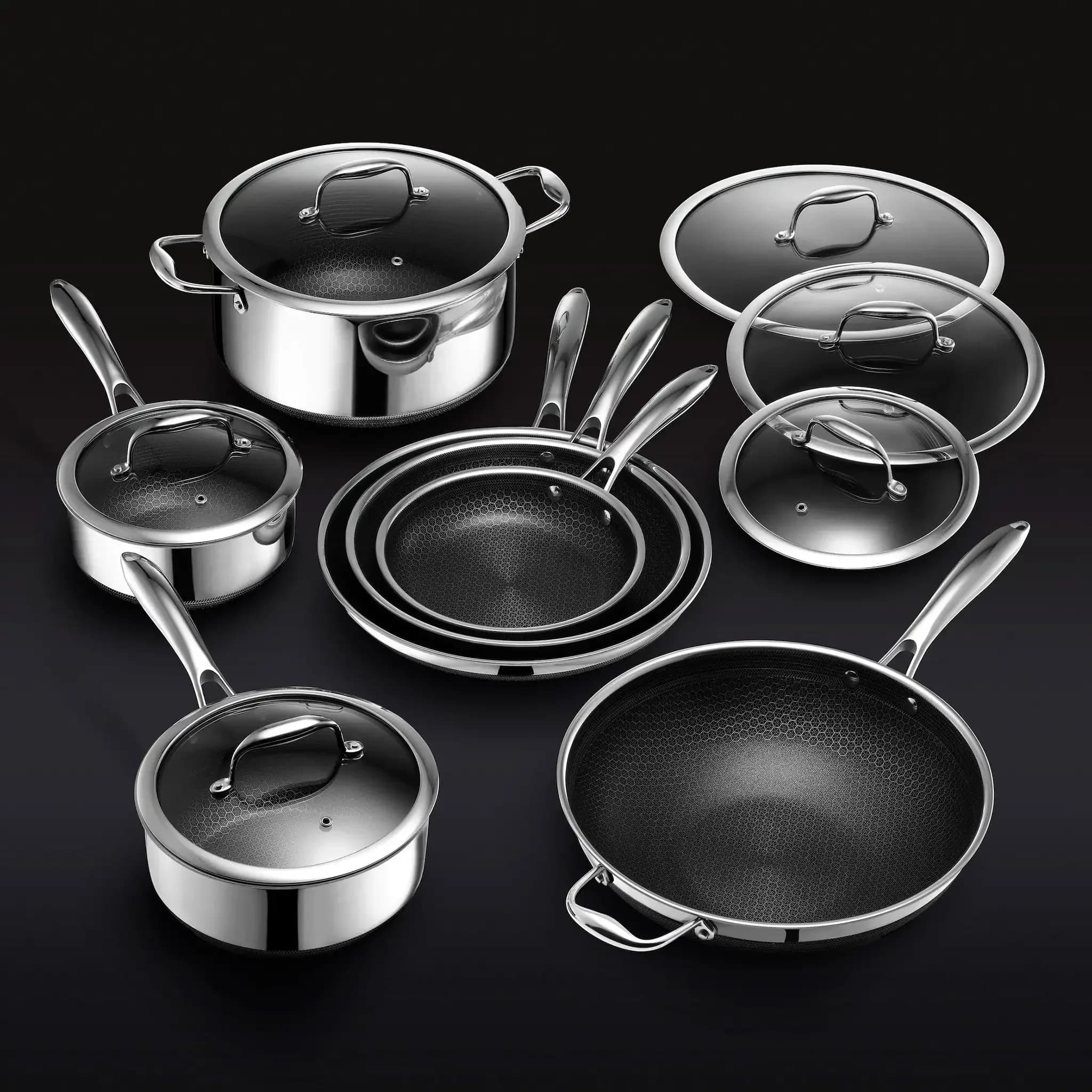 Set di Pentole Antiaderenti in Acciaio Inox con Rivestimento a Nido d'Ape, Padella con Coperchio, Vendita all'Ingrosso per Cucina