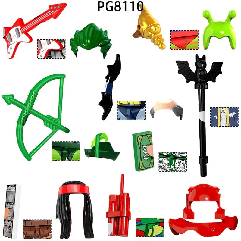 Set di Blocchi MOC PG8110 con Accessori per Action Figure: Pantaloni, Capelli, Mantello, Dardo, Chitarra, Bacchetta, Arco, Frecce, Ali - Regalo Giocattolo