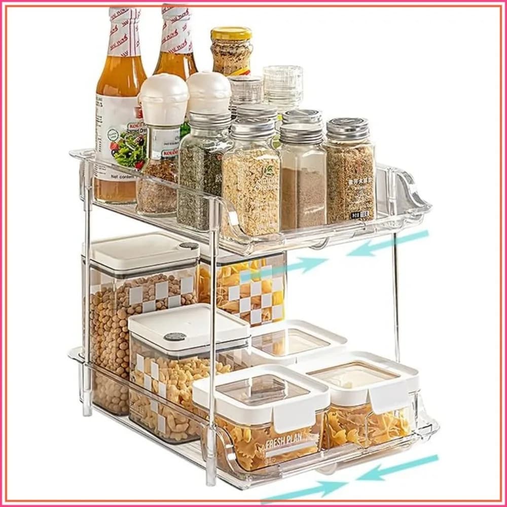 Organizzatore Espandibile a 2 Livelli in Plastica Trasparente per Cucina, Dispensa, Bagno, Scrivania