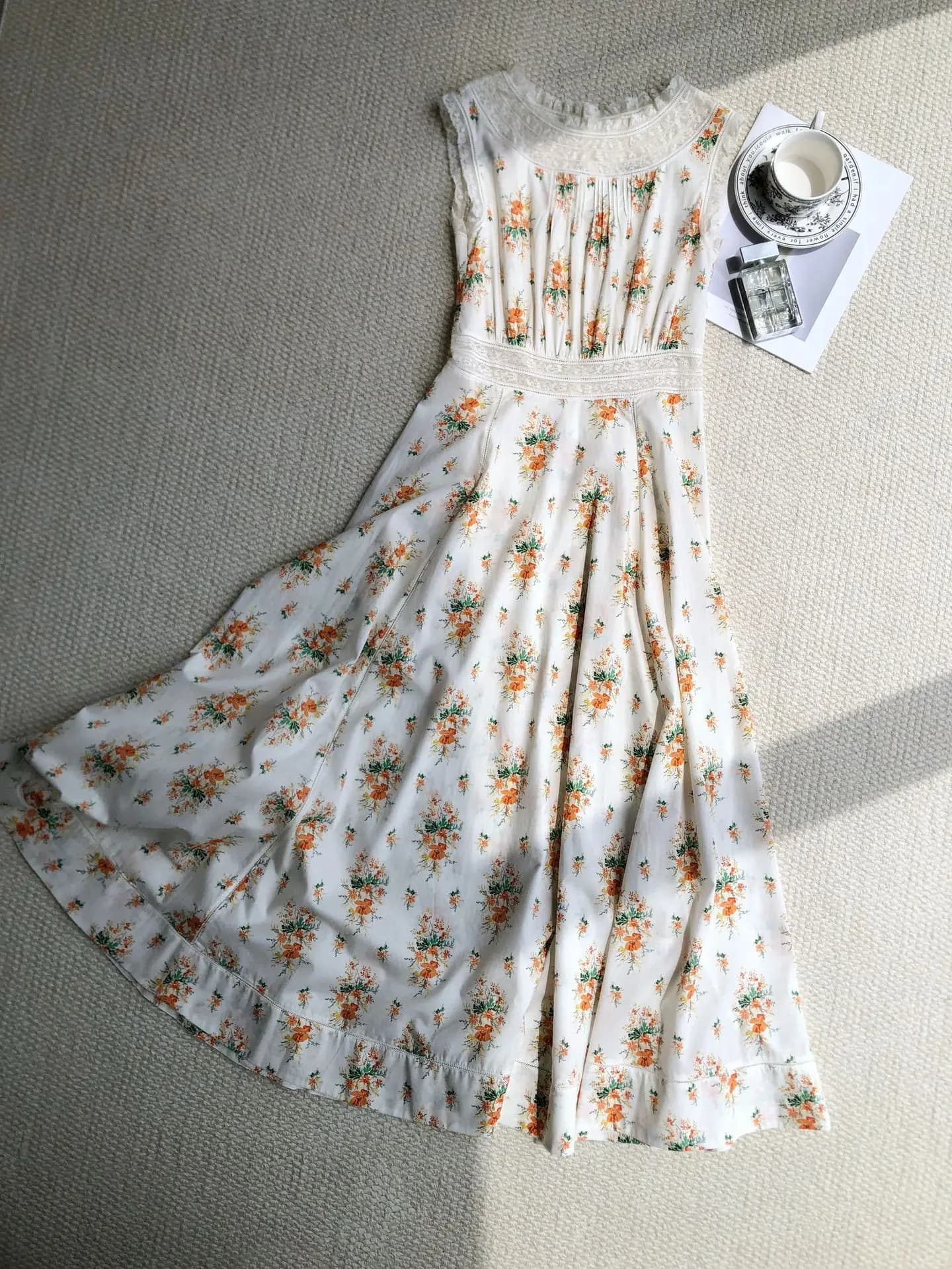 French Style Women Floral Print Robe 100% Cotton Lace Spliced O-Neck Sleeveless High Waist Casual Female Long Dress