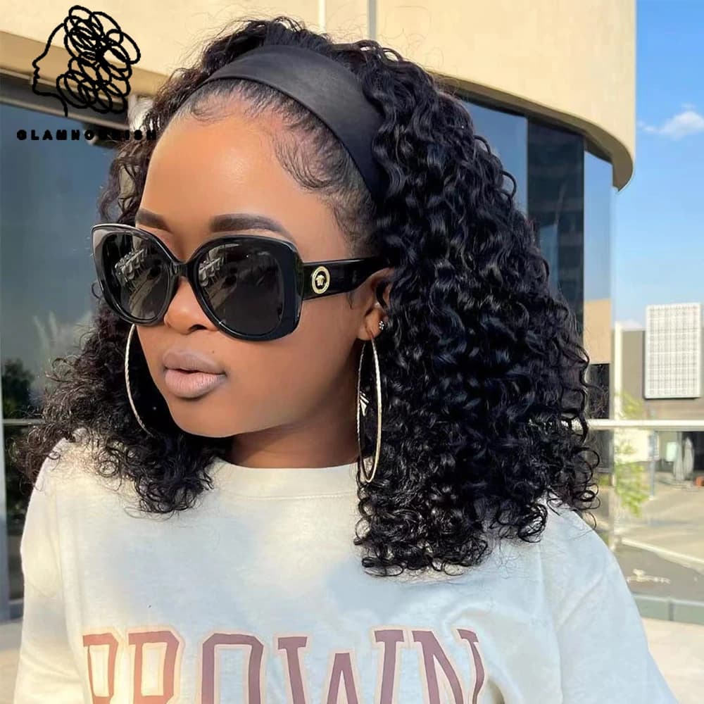 Kinky Curly Headband Wig Human Hair Wig For Black Women Brazilian Scarf Wig MAchine Remy Water Wave Full Machine Human Hair Wig