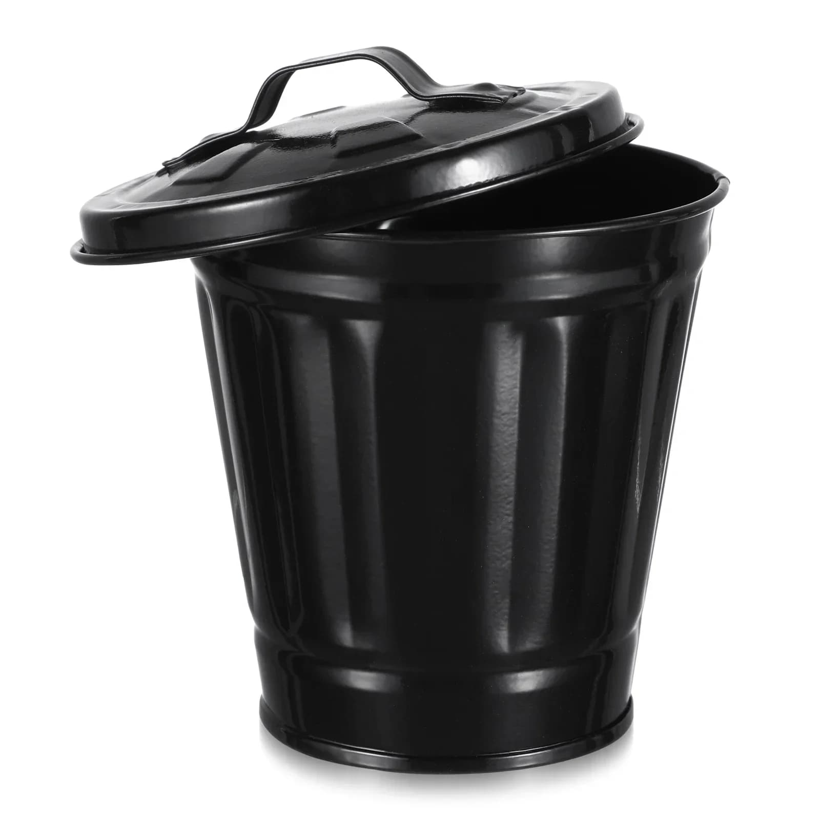 Mini cestino per rifiuti da ufficio in metallo nero con coperchio, creativo cestino da scrivania per soggiorno, bidone della spazzatura simile a un cestino intelligente.