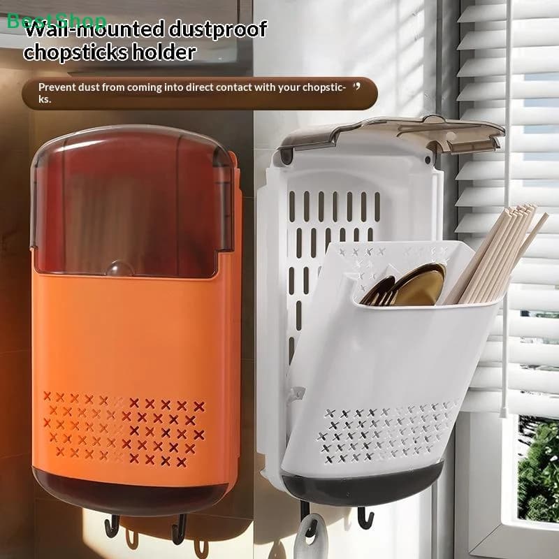 ♩Wall-Mounted Chopstick Box With Draining Base Dustproof Kitchen Organizer Holde Knife Fork Spoon Non-drilled Chopstick Storage