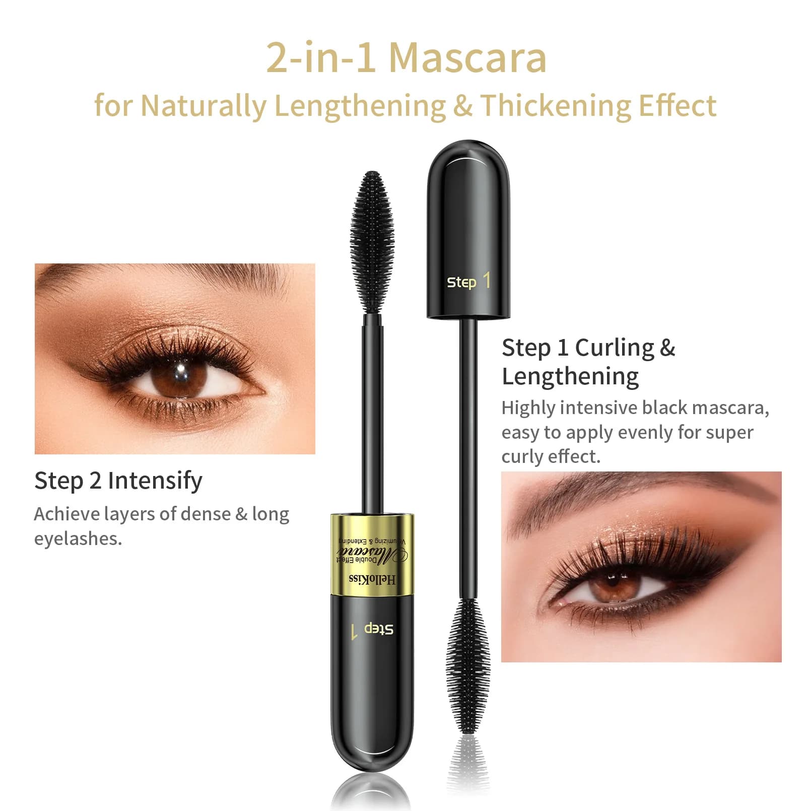 Mascara 4D 2 in 1 a Doppio Effetto Allungante, Incurvante e Volumizzante, Impermeabile, Senza Sbavature, per un Look Perfetto delle Ciglia