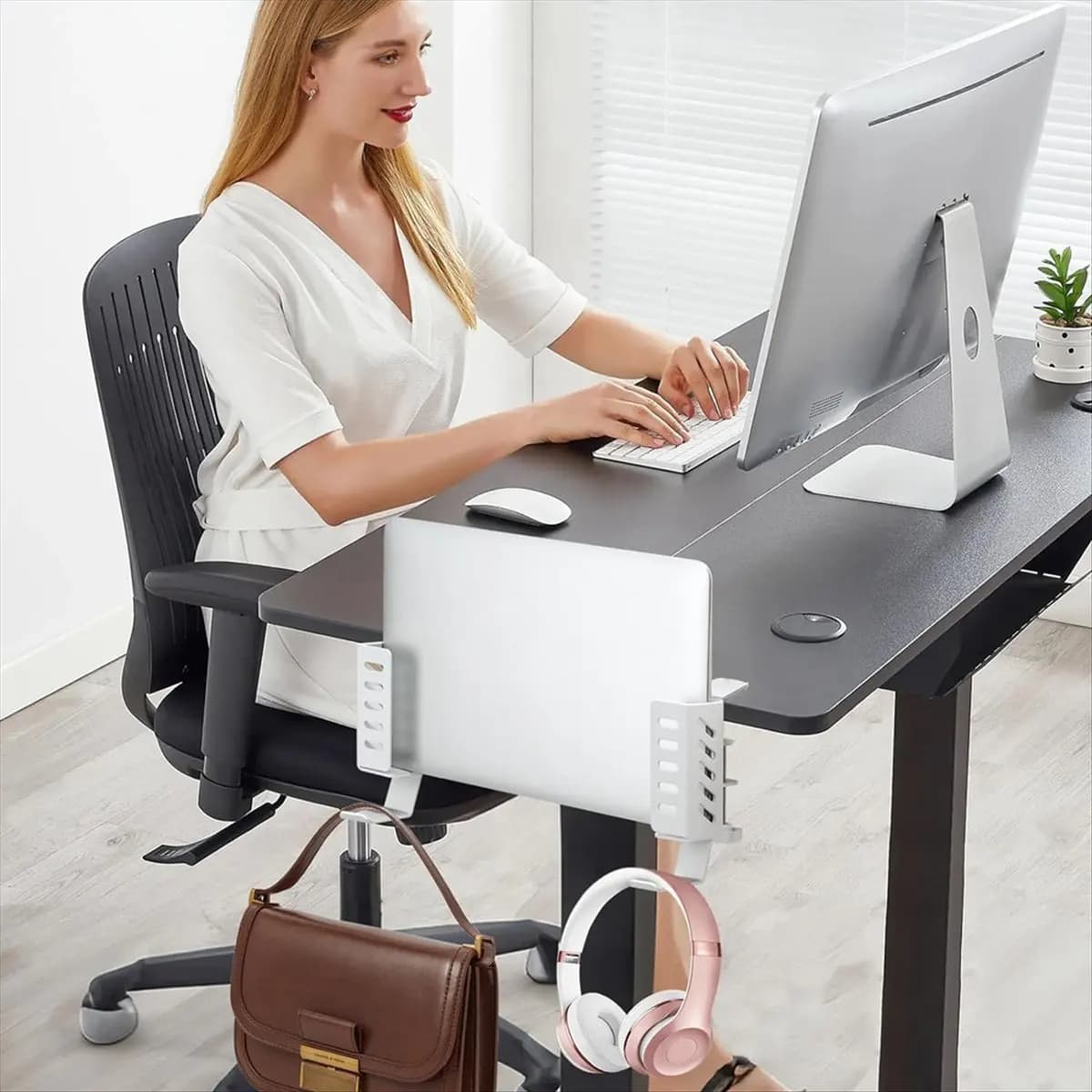 【Best Seller】Desk Side Vertical Laptop Stand,No Drill Laptop Desktop Mount,Hanging Laptop Holder for Desk Side,Clamp on Desk Whi