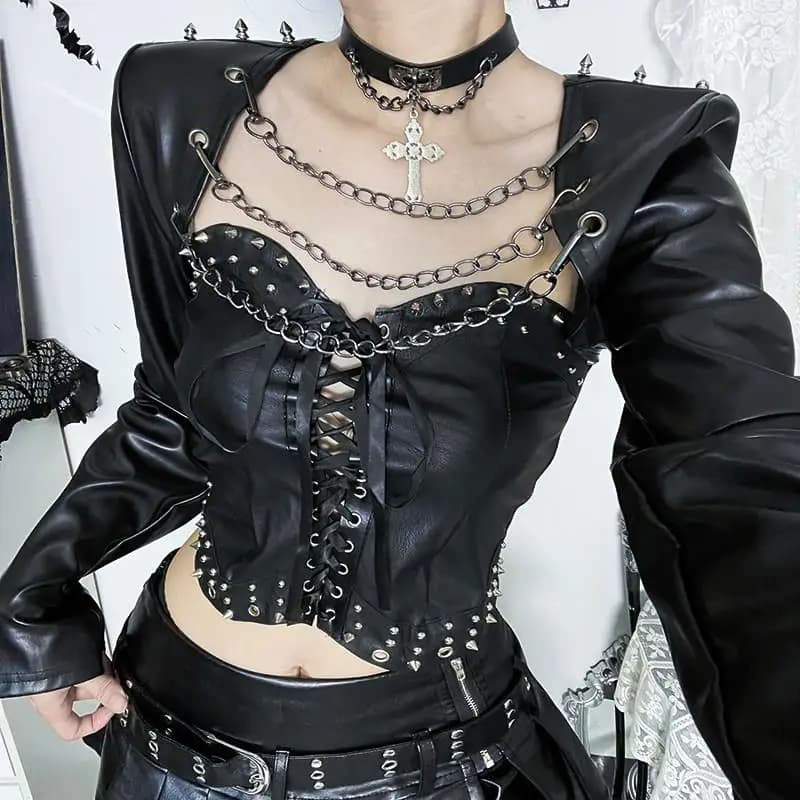 Costume di Halloween Stile Punk Nero, Giacca in Pelle da Concerto Rock, Pantaloni a Vita Alta a Righe, Set Due Pezzi alla Moda