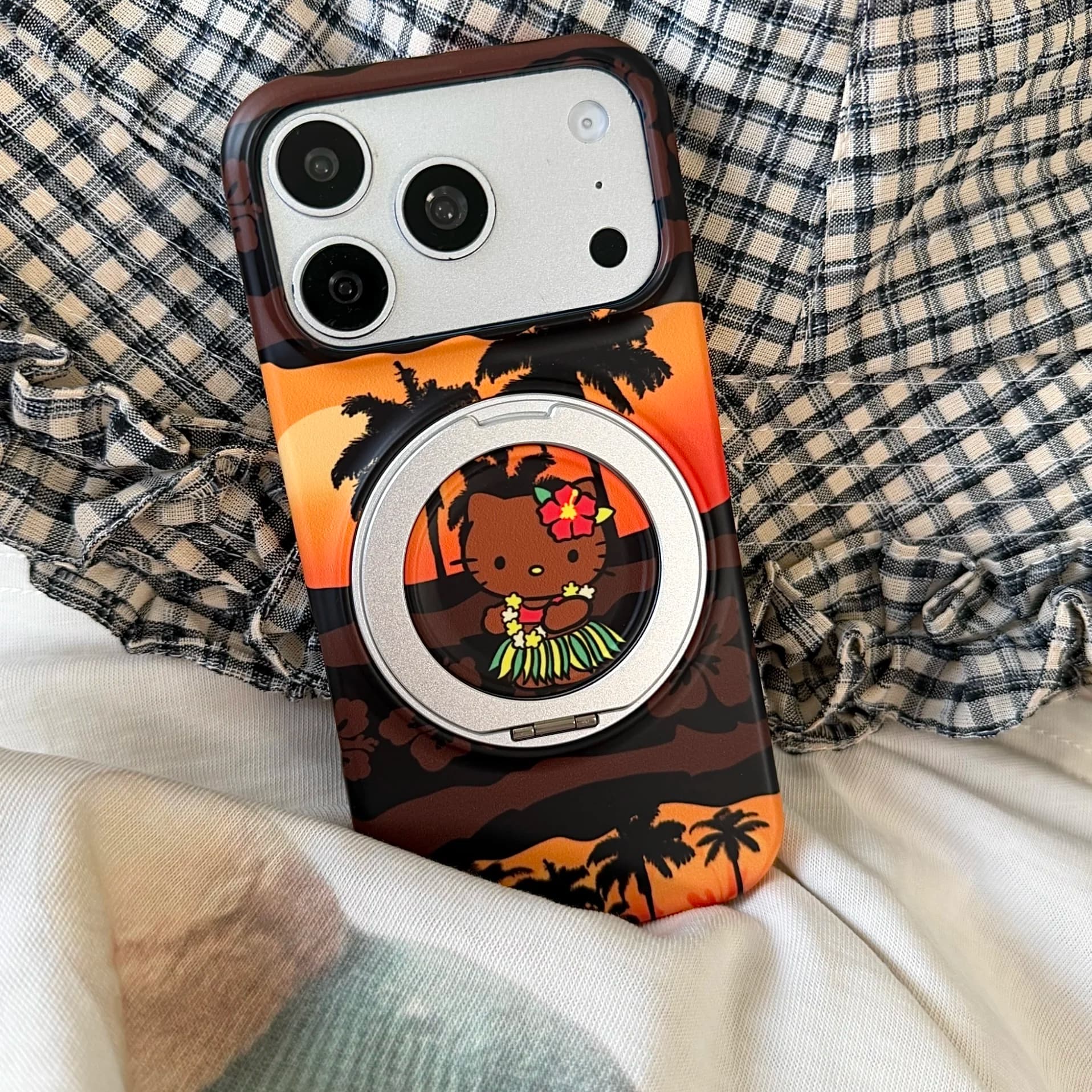 Luxury Sanrio Black Skin Hello Kitty Magnetic Stand Case For iphone 17 16 15 Pro Max For Magsafe Wireless Charging Phone Cover
