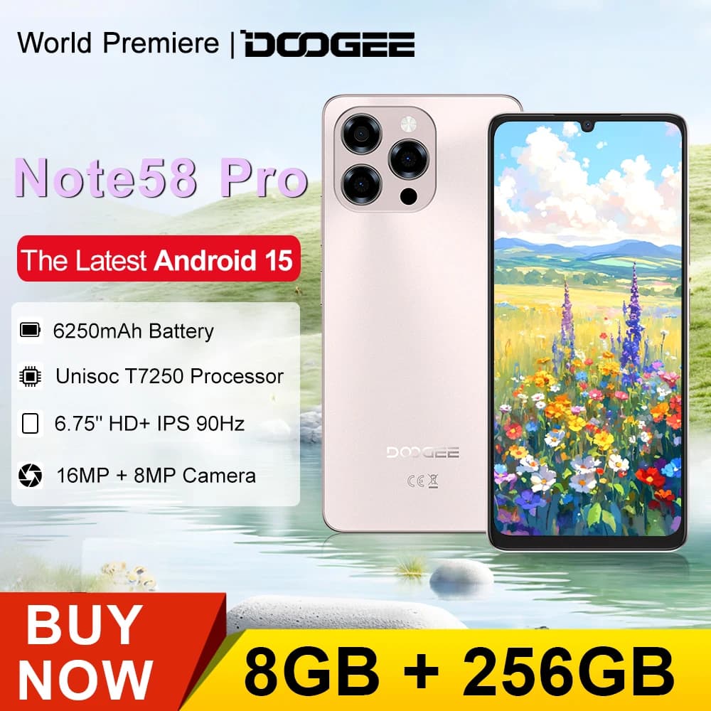 DOOGEE Note 58 Pro 8GB RAM 256GB ROM Smartphone Android 15 Display HD+ da 6,75 pollici 90Hz Batteria da 6250mAh NFC Cellulari