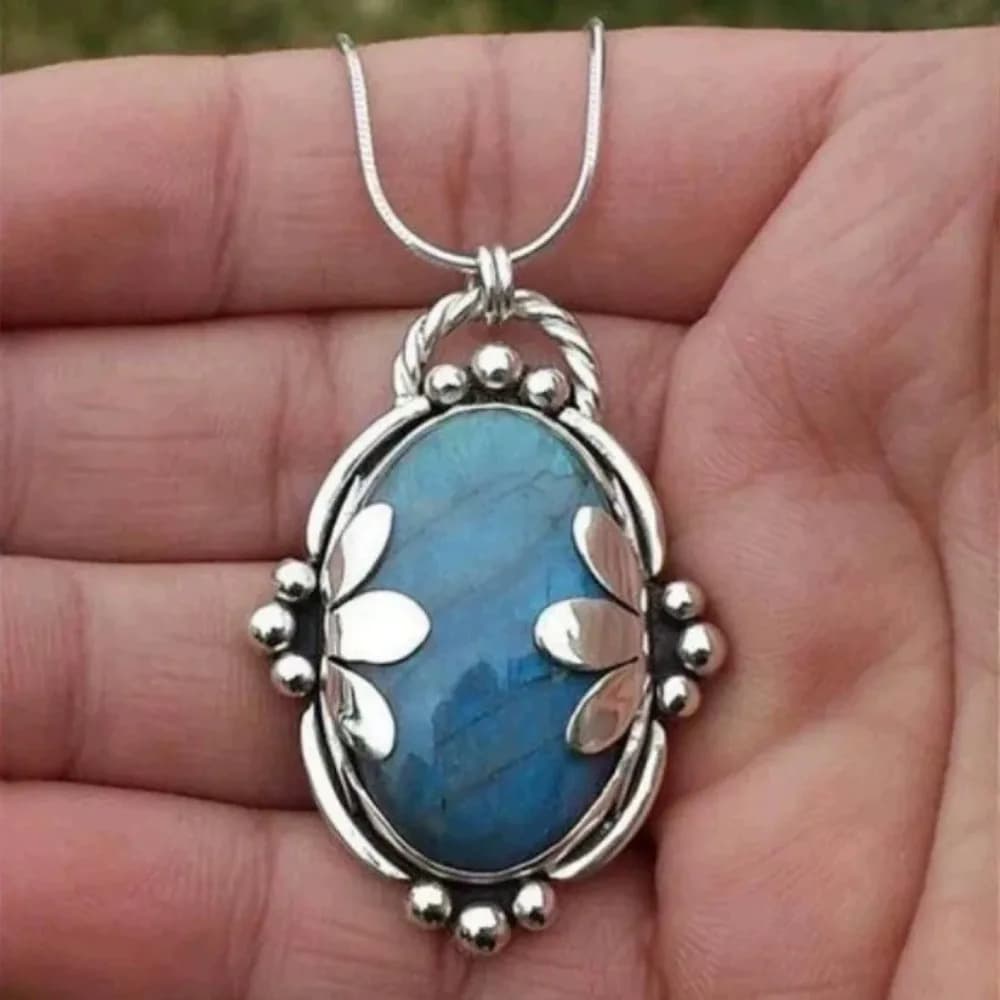 Collana con Ciondolo in Pietra Naturale Stile Bohemien Artistico, Catena per Maglione con Pietra Ovale Blu Liscia, Regalo Originale per Feste per Adulti