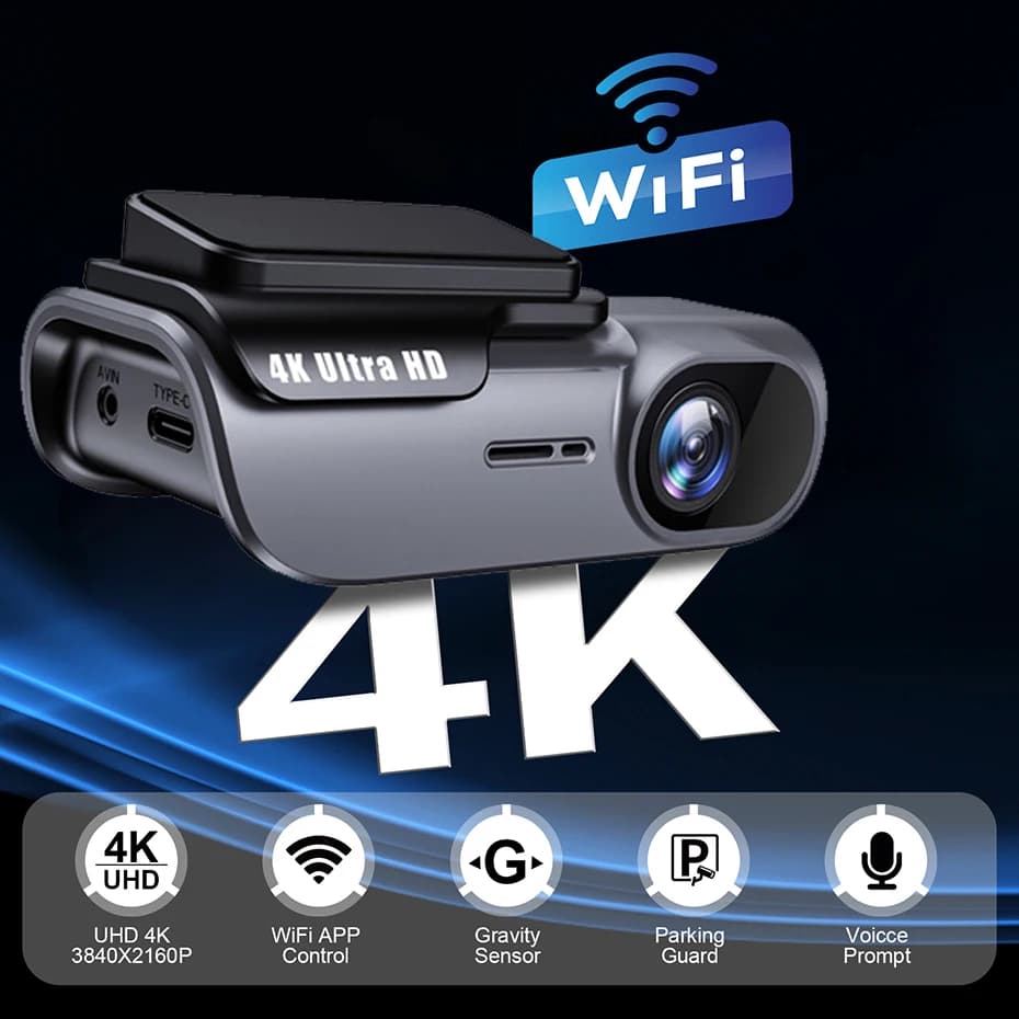 Dash Cam 4K 3840*2160P con WIFI, Videocamera DVR per Auto, Registratore di Guida, Scatola Nera con Monitoraggio 24 Ore e Visione Notturna