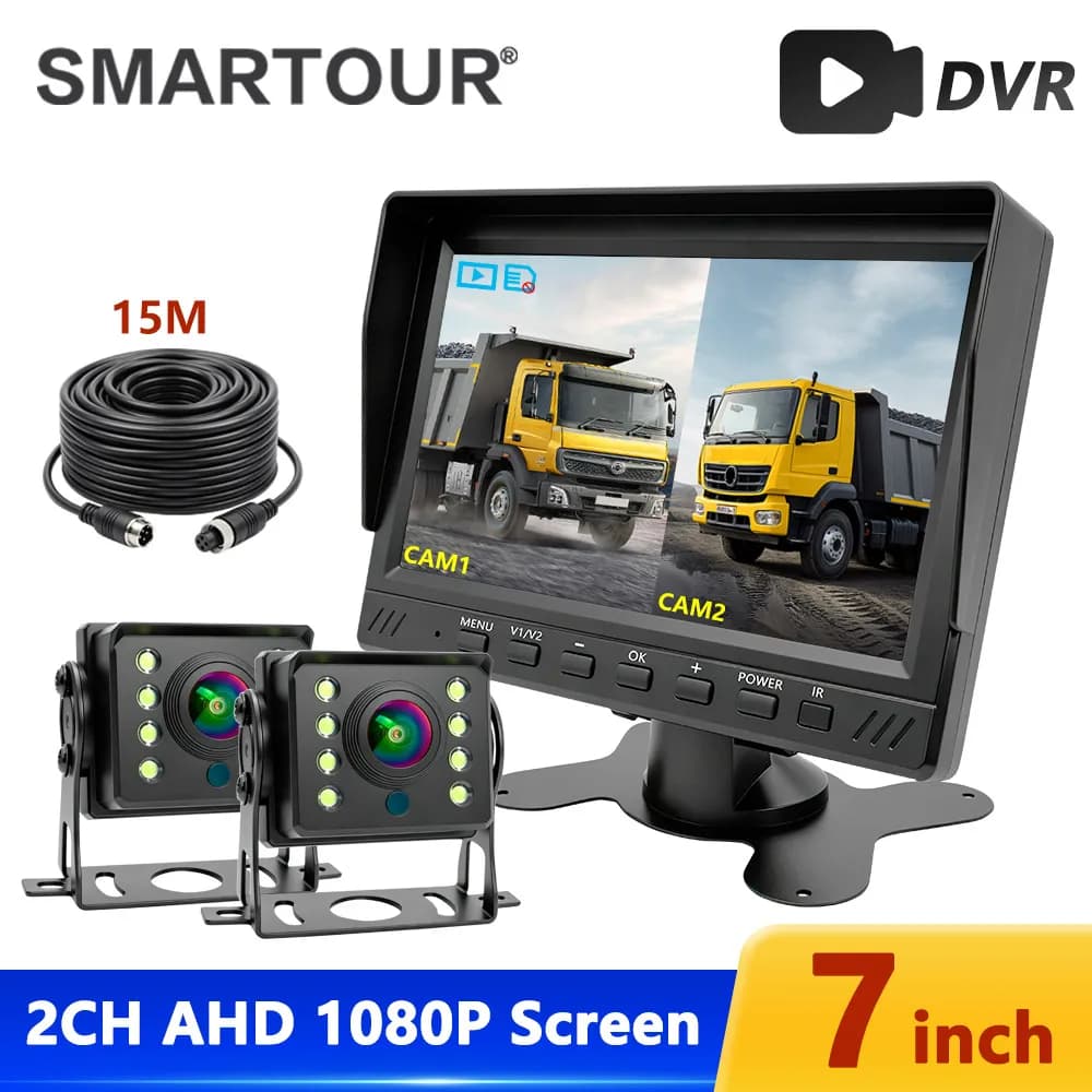 Monitor DVR AHD 1080P da 7 Pollici con Schermo Diviso a 2 Canali e Telecamera di Retromarcia con Visione Notturna, Kit Telecamera IP67 per Camion, Camper, Rimorchi e Autobus