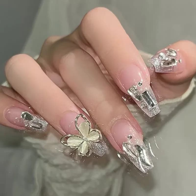 2026 new handmade wearable nail advanced ins popular pure handmade broken diamond butterfly nail art piece wearable fake nail 1PC