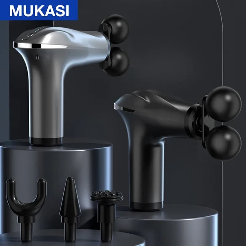 MUKASI Double Head Massage Gun, Body Massager with 6 Adjustable Levels, 4 Muscle Massage Heads to Relieve Care