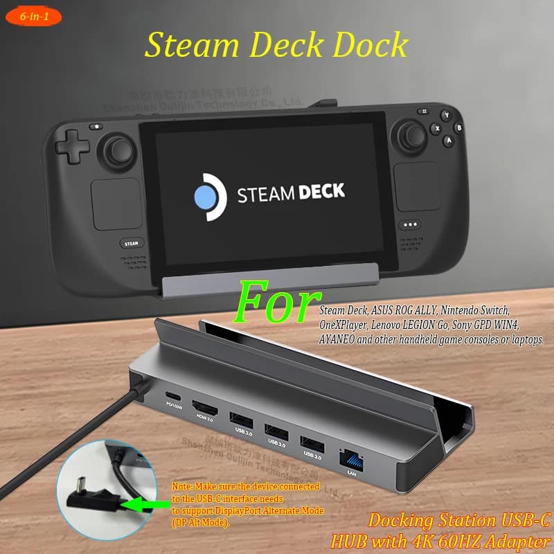 Docking Station Steam Deck 6 in 1 HUB USB-C con HDMI 4K a 60 Hz, PD 100 W, Gigabit RJ45, USB 3.0 per ROG Ally/Switch/AYANEO
