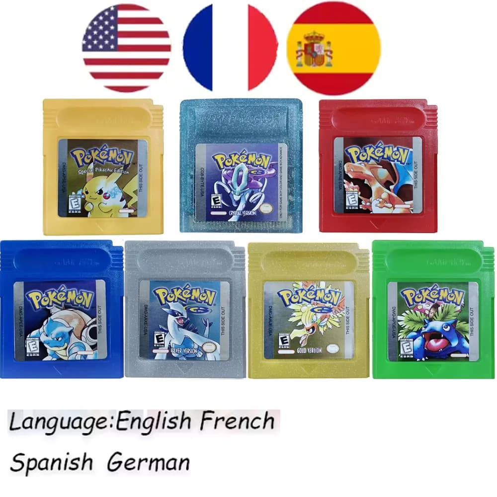 Pokemon Red Blue Crystal Golden Green Silver Yellow GBC Game Card 16 Bit Video Game Cartridge Console Cards For GB/SP