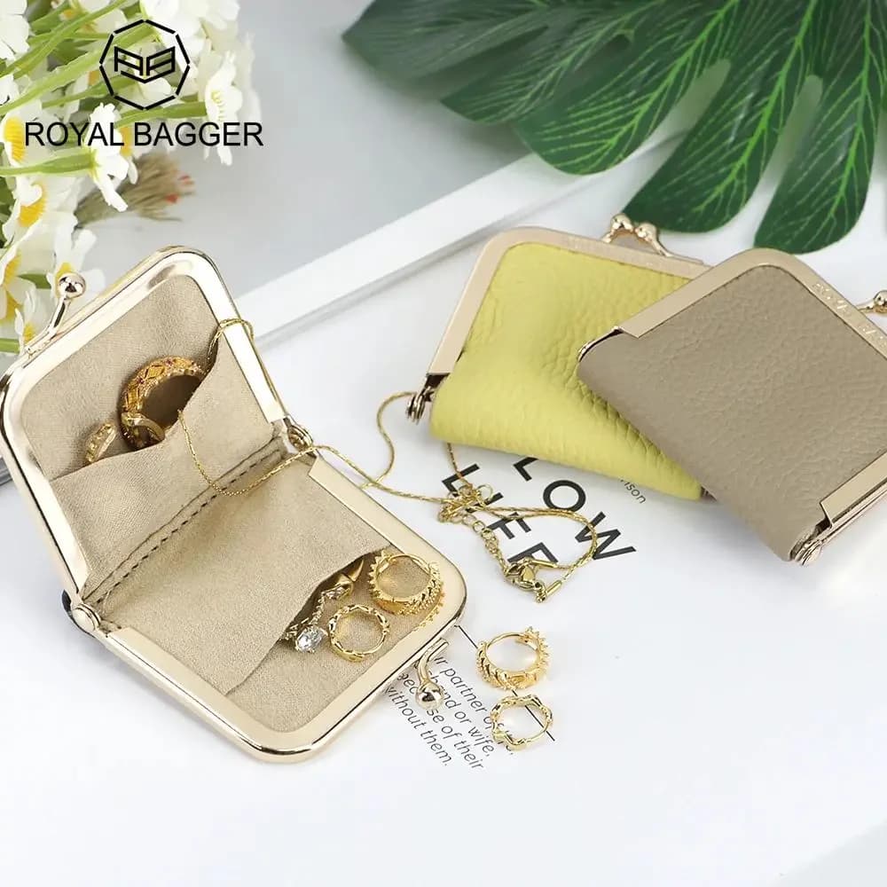 Royal Bagger Genuine Leather Mini Jewelry Box Ultra-thin Coin Purse with Kiss Lock Ring Necklace Storage Slim Small storage bag