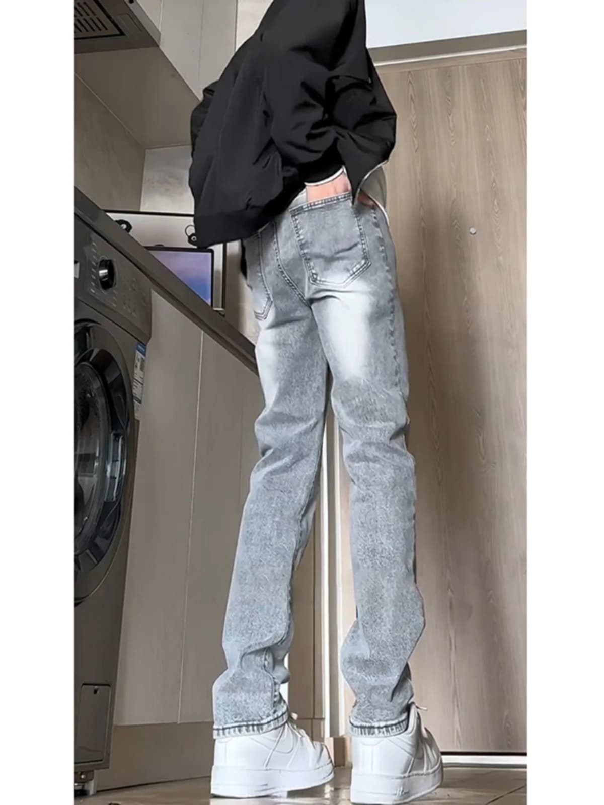 Jeans Slim Fit con Fodera in Pile a Gamba Dritta da Uomo, Colore Cemento, Stile Americano High Street, Autunno Inverno