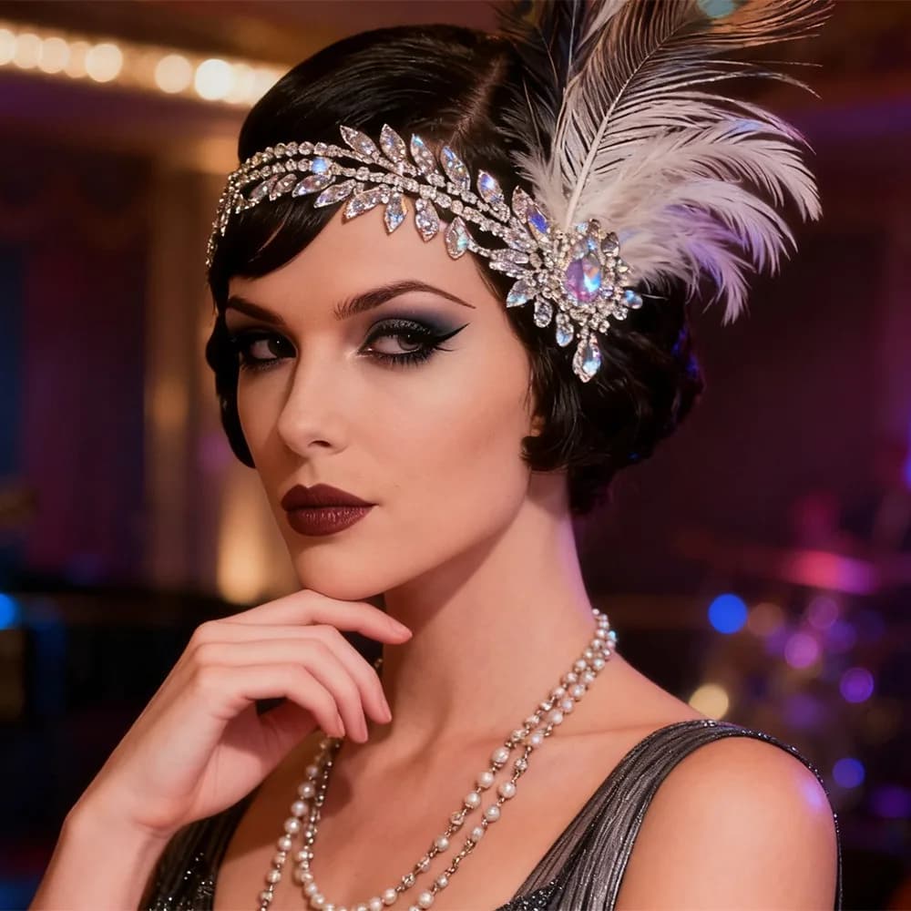 Fascia per Capelli Vintage con Piume, Paillettes e Cristalli, Elegante Copricapo per Mascherata e Cosplay, Accessorio per Spettacoli Teatrali