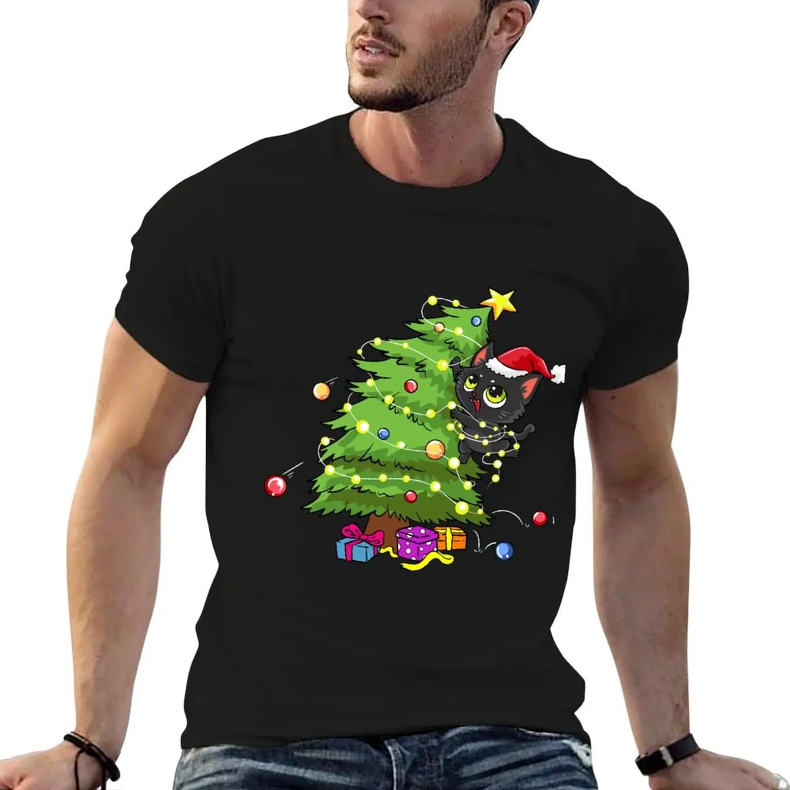 Santa Black Cat Tangled Up In Christmas Tree Lights Holiday T-Shirt Trendy Pattern T-Shirt for Men