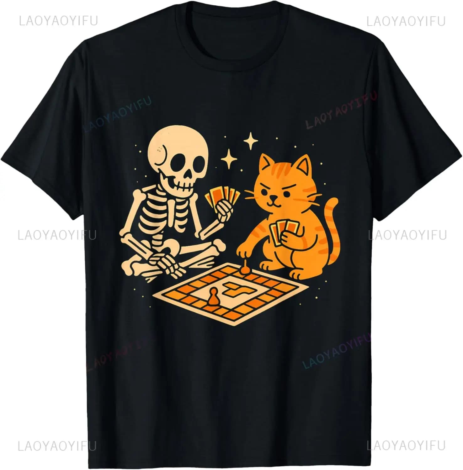 T-shirt da gioco da tavolo con scheletro e gatto T-shirt per uomo Top estivi Camisas personalizzabili Streetwear