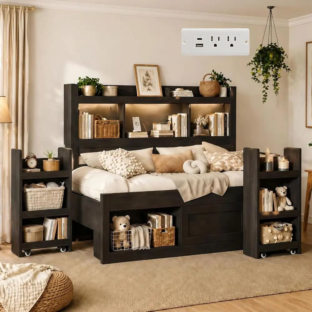 Divano letto nero con contenitore, libreria, supporti letto a scomparsa, armadietto, stazione di ricarica, LED RGB, senza rete a doghe, adatto agli animali domestici, Gue